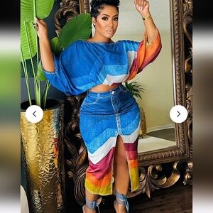 NWT Contrast Color Bat-Wing Sleeve Top Slit Midi Skirt 2pcs Set-Blue